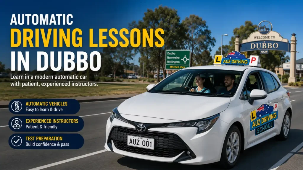 AUZ Driving School dual control modern vehicle driving past the Welcome to Dubbo sign promoting automatic driving lessons in Dubbo NSW