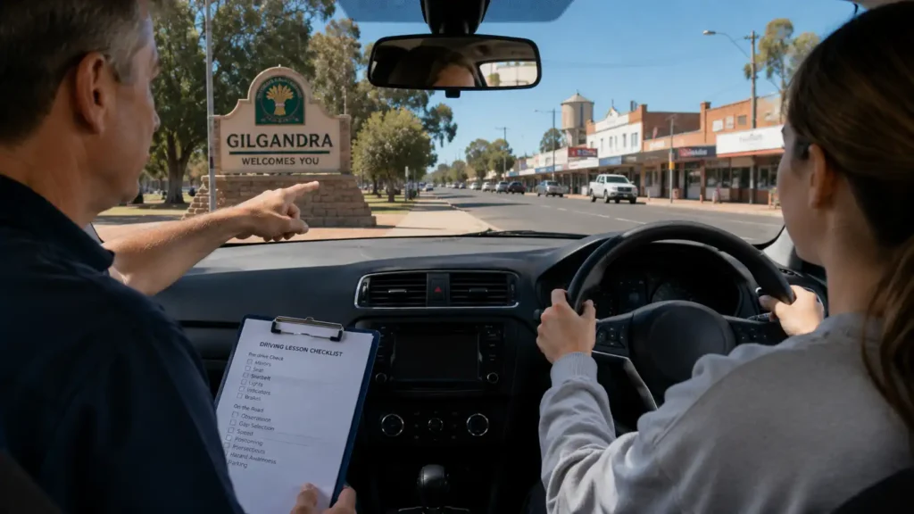 Inside view of a driving lesson with an instructor holding a checklist and pointing ahead near the Gilgandra Welcomes You sign in Gilgandra NSW