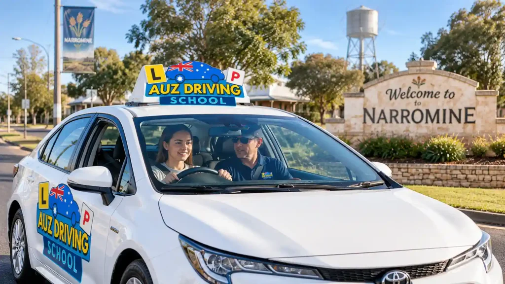 An AUZ Driving School dual control car with a learner driver and instructor in front of the Welcome to Narromine sign in Narromine NSW
