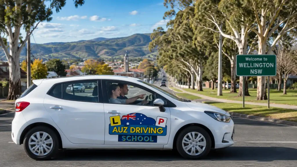 An AUZ Driving School training car with a learner driver and instructor driving past the Welcome to Wellington sign in Wellington NSW