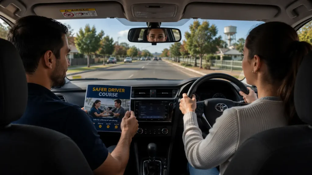 A driving instructor holding a Safer Drivers Course brochure while coaching a student driver inside the car in Dubbo NSW with AUZ Driving School