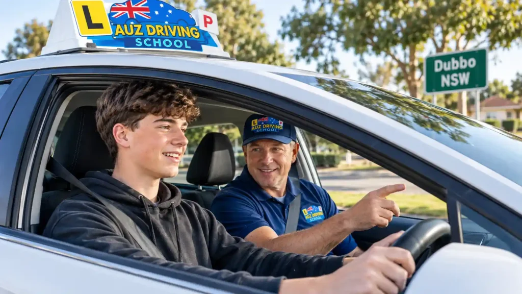 A professional driving instructor guiding a happy teenage learner driver during a lesson, with an "L" plate visible and a Dubbo, NSW sign in the background, all from AUZ Driving School.